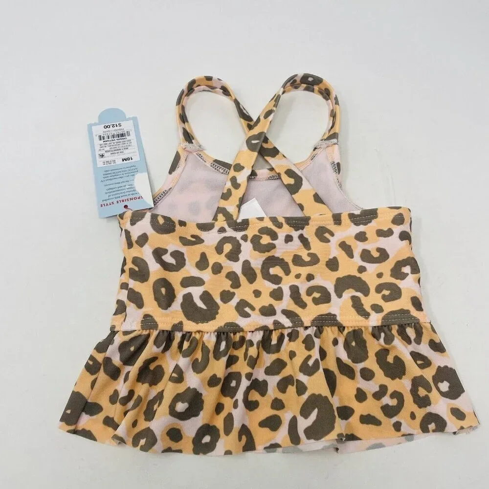 Cat & Jack Toddler Girls Size 18 Months Animal Print Tankini Swim Top Orange 634